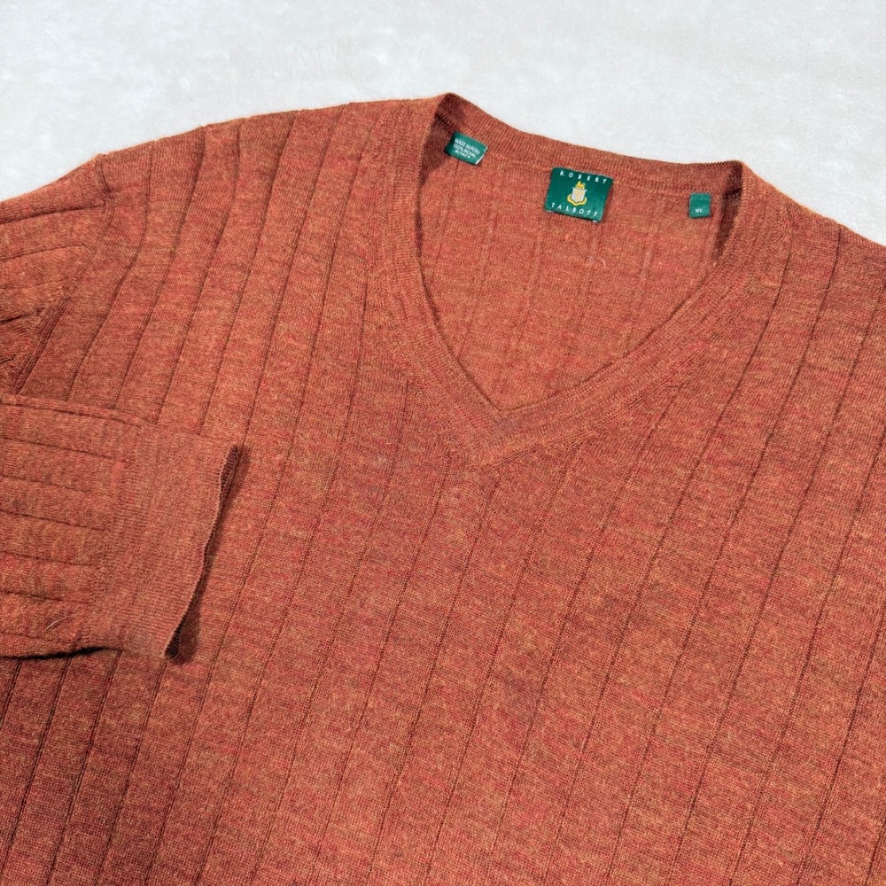 Robert Talbott Men's XL V-Neck Ribbed Sweater 100% Royal Alpaca Rusty Orange
